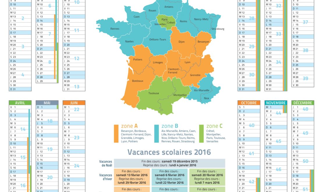 Voici la liste de tous les congés scolaires (avec les dates) à partir de septembre 2016